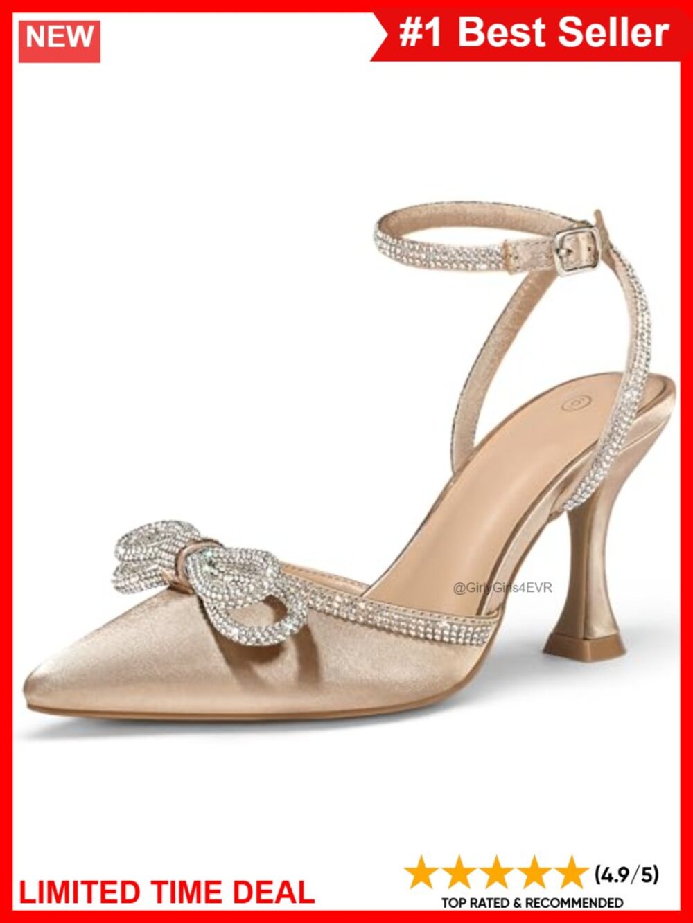 Rhinestone Bow Kitten Heels Pointed Toe Ankle Strap Wedding Pumps